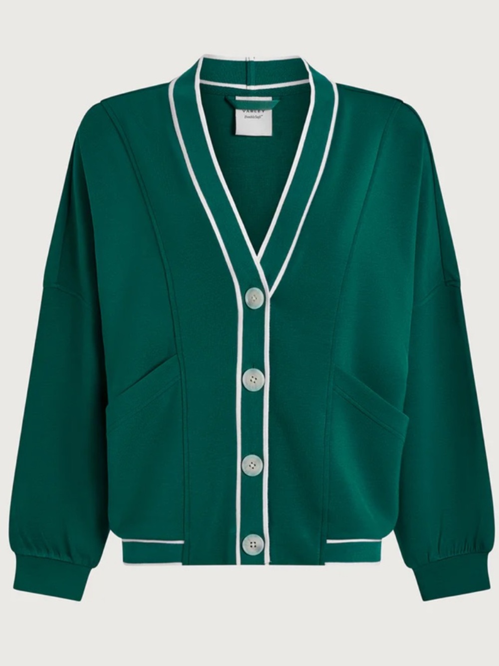 Varley Emerald Green V-Neck Button Cardigan with White Trim NEW - Picture 2 of 5
